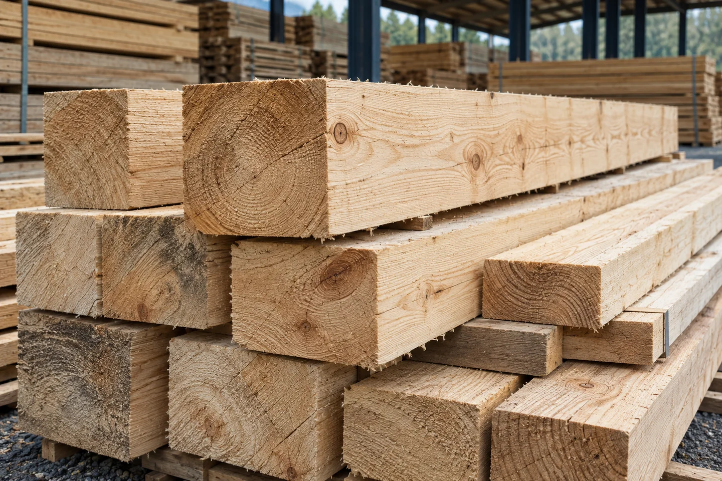 İstiflenmiş inşaatlık kereste ve kesit yüzeyleri